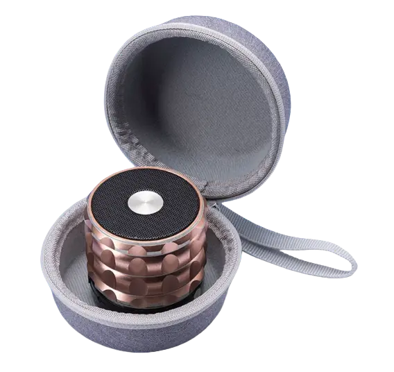 Round portable audio EVA case with carrying strap for Bluetooth speaker.