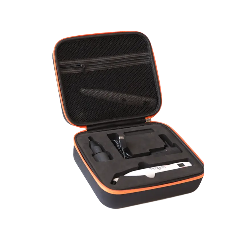 Custom electronics EVA case with precision die-cut foam insert for portable electronic devices and cables.