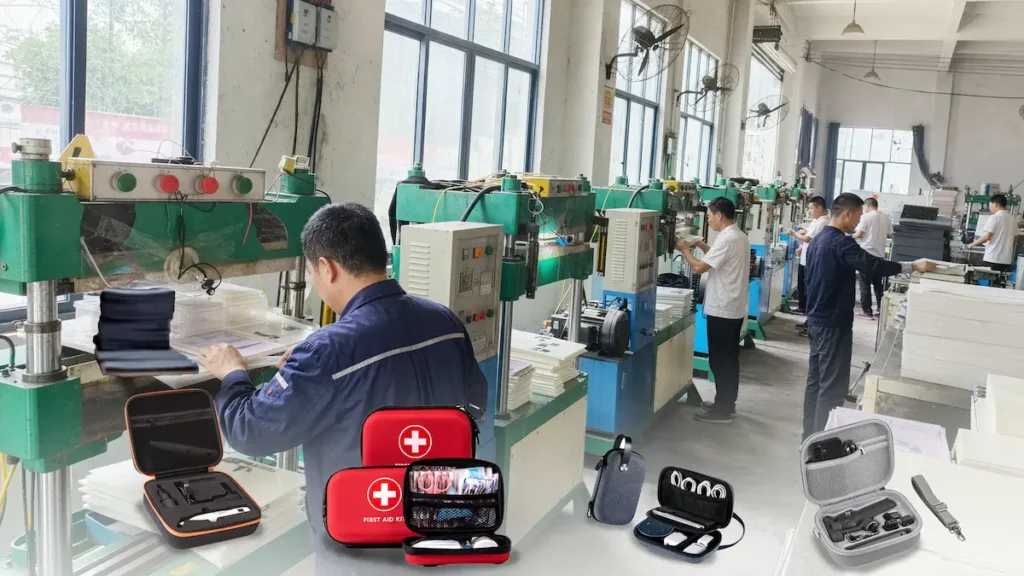 Custom EVA case manufacturer production line with OEM carrying cases for electronics, medical devices, and tools.