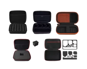 Custom EVA case interior options including die-cut foam inserts, mesh pockets, and dividers.