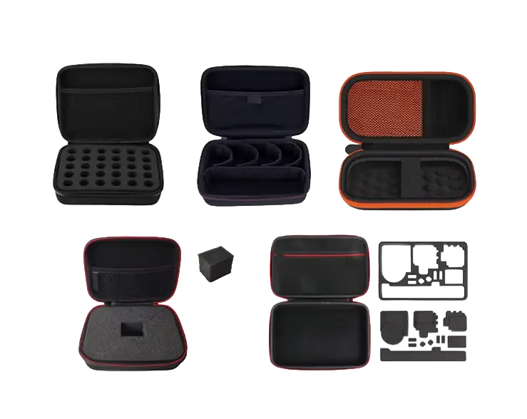 Custom EVA case interior options including die-cut foam inserts, mesh pockets, and dividers.