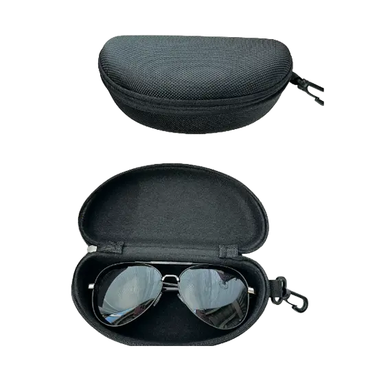 Hard-shell eyewear EVA sunglasses case with soft lining and carabiner clip.