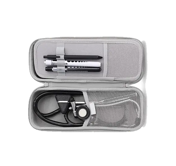 Custom medical EVA case holding stethoscope, medical penlights, and healthcare accessories.