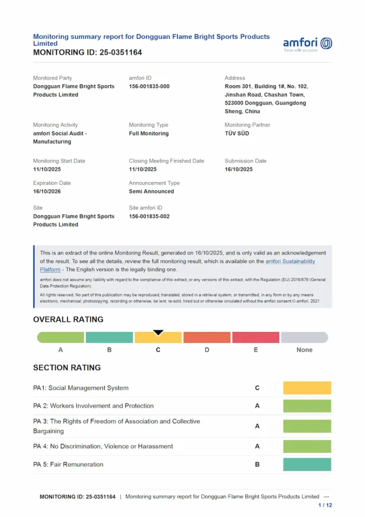 amfori BSCI social audit summary report for EVA CustomPro manufacturing facility.