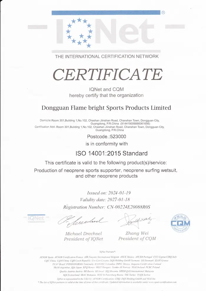 ISO 14001 environmental management system certificate for EVA CustomPro facility.