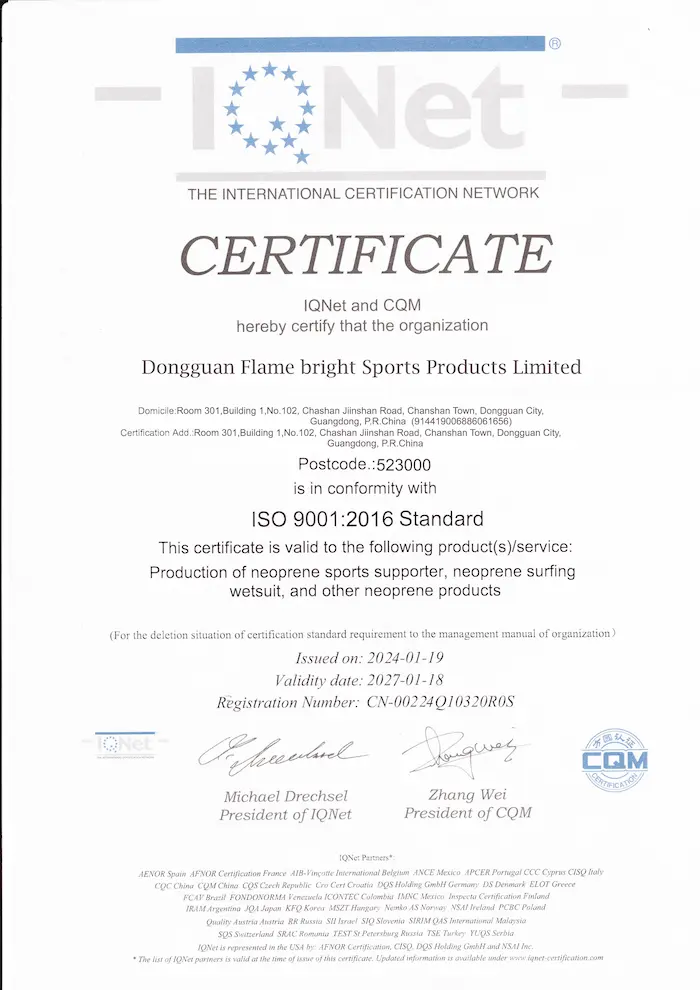 ISO 9001 quality management system certificate issued by IQNet and CQM for EVA CustomPro.