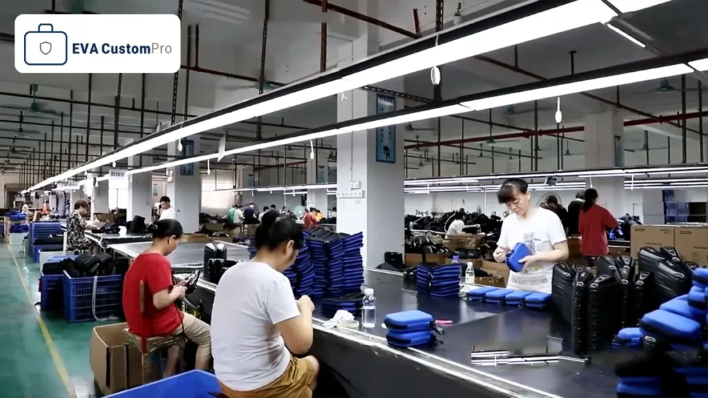 EVA CustomPro manufacturing team assembling and inspecting custom EVA cases in the production workshop.