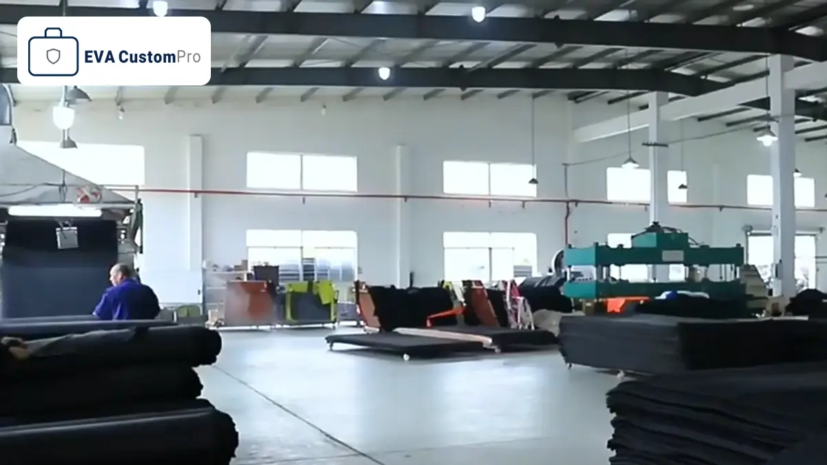 Overview of EVA CustomPro manufacturing workshop area showing spacious production facility and raw material storage.