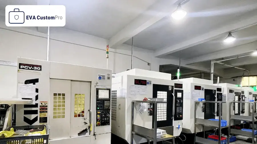 High-precision CNC machining center equipment used for custom EVA case mold fabrication at EVA CustomPro.