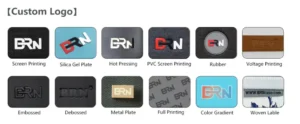  Logo customization options for custom EVA cases, including screen printing, embossing, metal plate, and woven label.