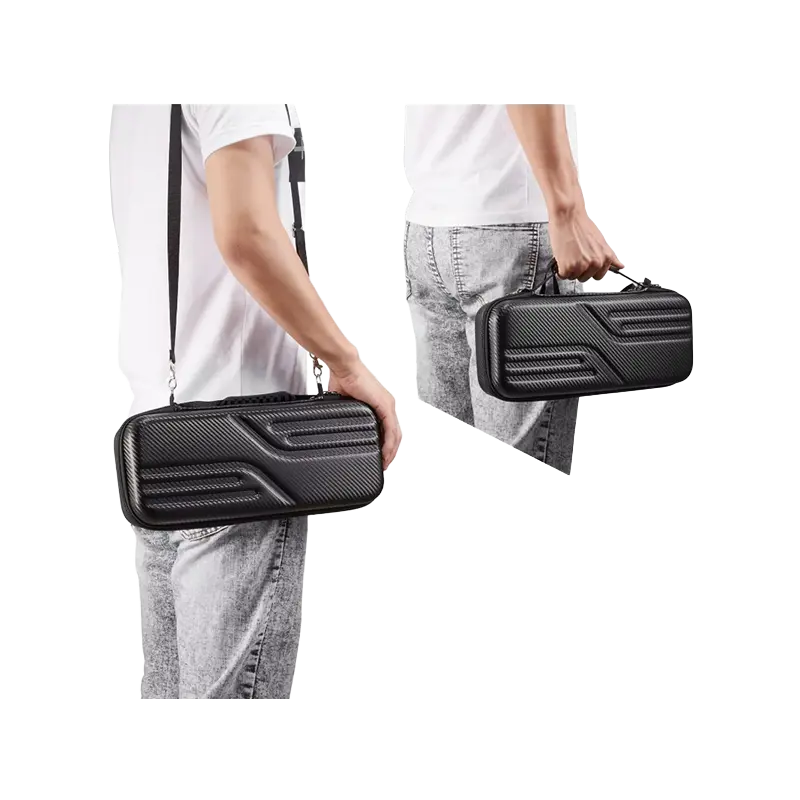 Portable EVA carrying case with carbon fiber texture, shoulder strap, and top handle shown in use.