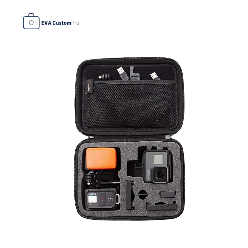 Open EVA storage case for action camera showing custom die-cut foam slots and an upper mesh pocket.