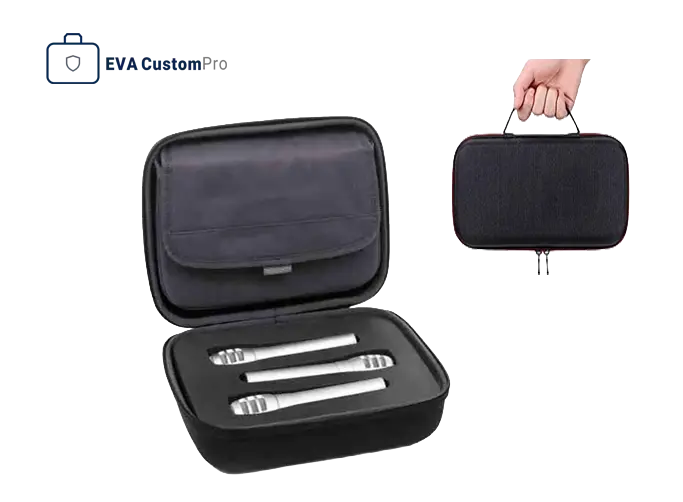 Custom audio EVA carrying case with dual wireless microphone foam inserts, mesh pocket, and top handle.