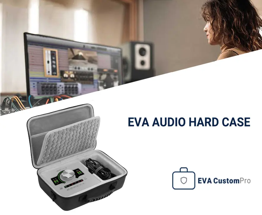 Custom EVA audio hard case for professional sound card and audio interface in a studio recording environment.