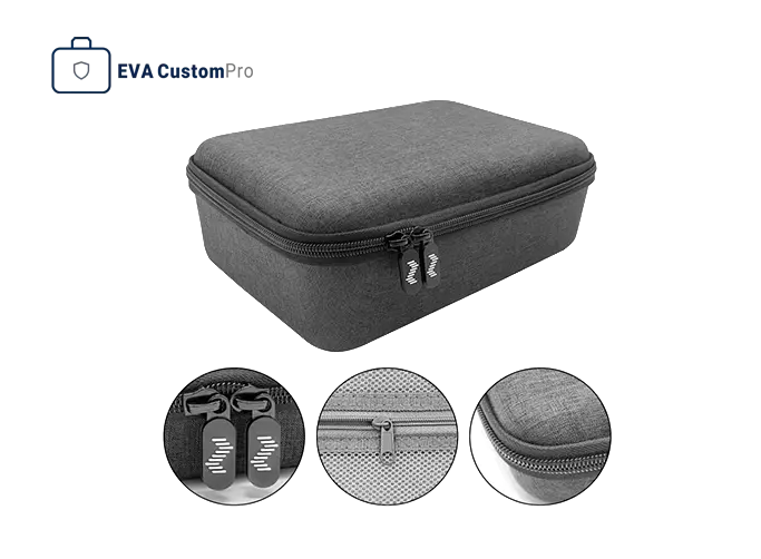 Custom EVA audio case showing branded zipper puller, premium grey fabric, and interior mesh detailing for professional presentation.