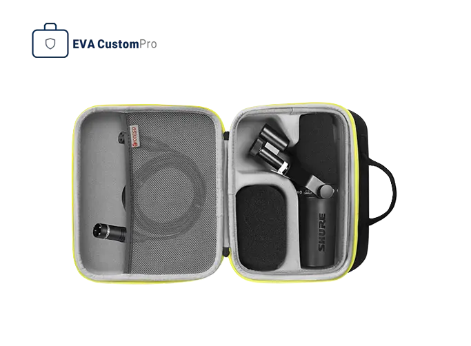 Custom audio EVA storage case with yellow accent trim, custom foam slot for studio microphone, windshield, and XLR cable in mesh pocket.