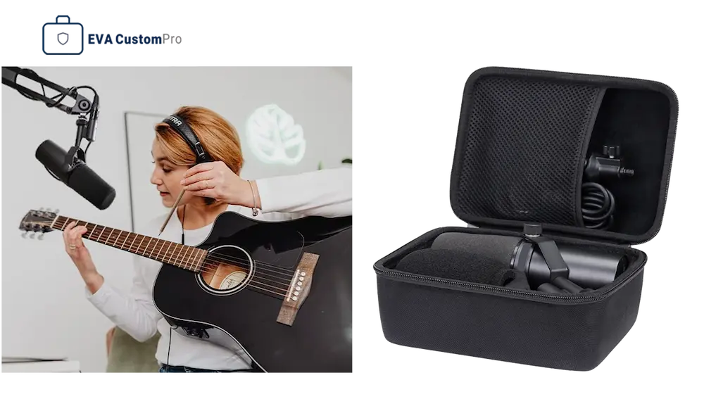 Custom audio EVA hard case for studio microphone with precision foam insert and upper mesh pocket alongside music recording scene.