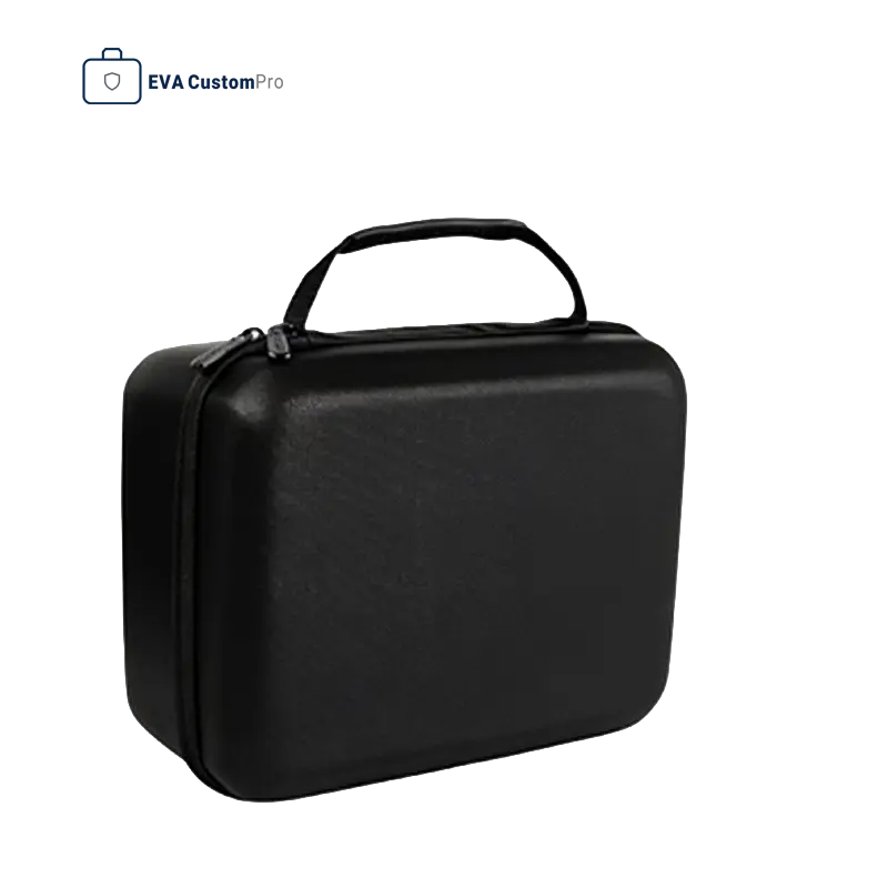 Black custom hard EVA carrying case featuring a sturdy top handle and dual zippers on a white background.