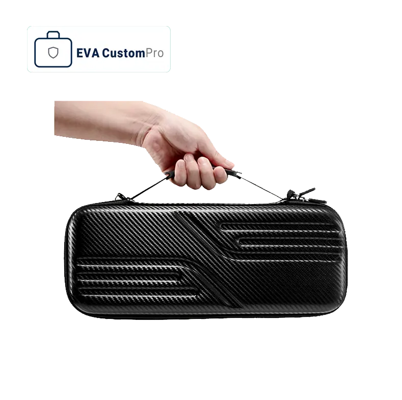 Portable custom EVA carrying case with carbon fiber texture surface, molded ergonomic handle, and durable dual zipper closure.