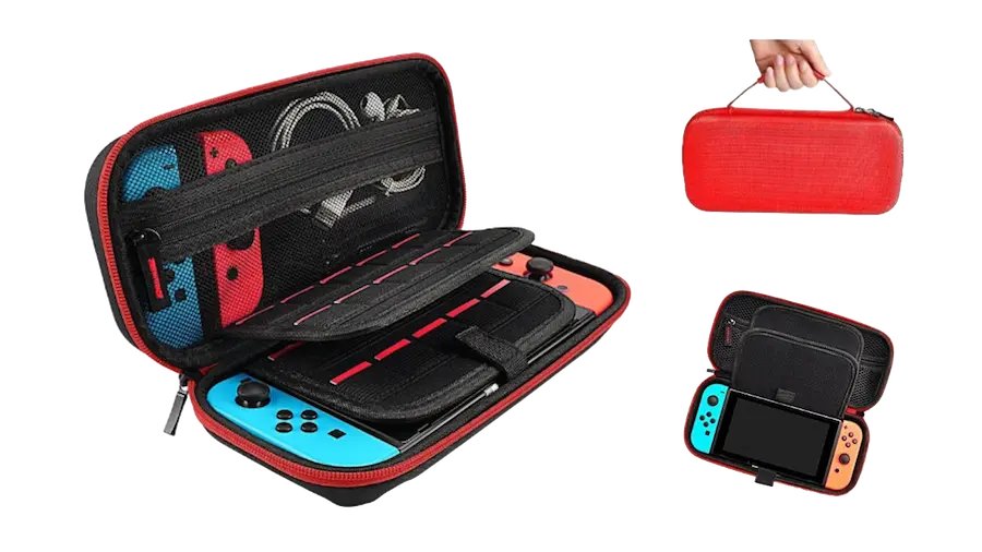 Custom electronics EVA hard carrying case with game card slots, zippered mesh pocket for cables, and portable handle.