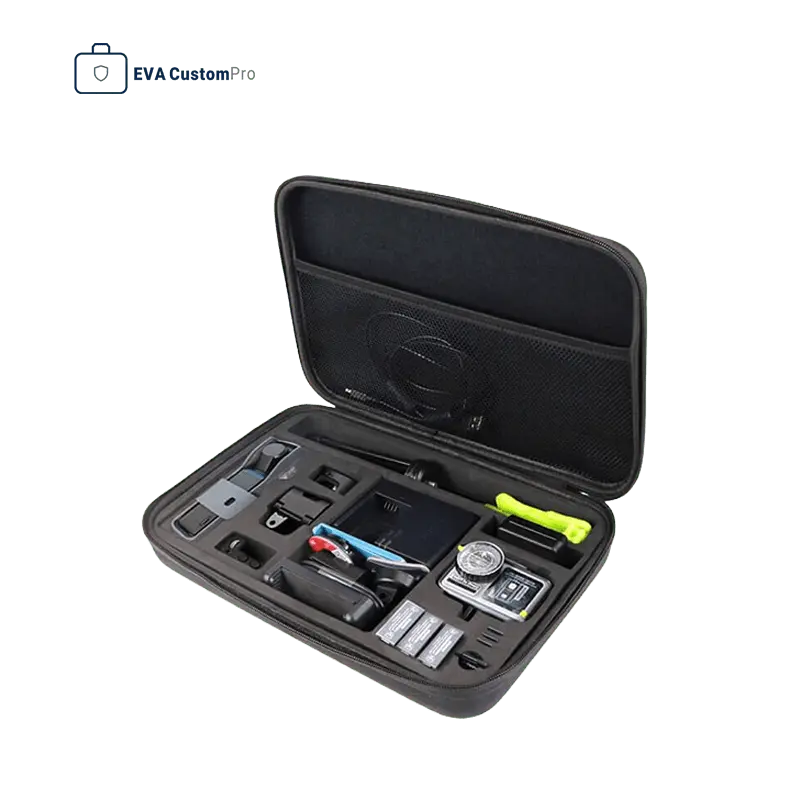 Open black EVA carrying case showing multi-slot custom die-cut foam insert for camera electronics and large upper mesh pocket.