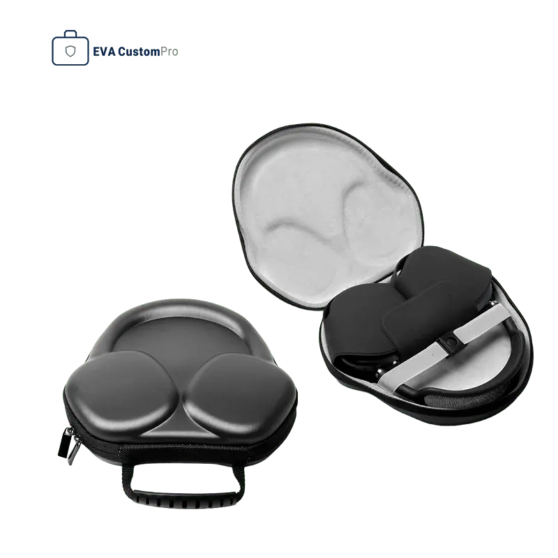 Black custom EVA headphone carrying case with molded earcup shape, rubber handle, and soft velvet interior holding over-ear headphones.