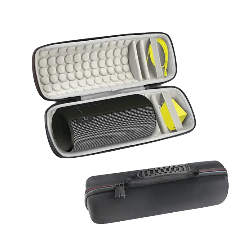 Custom EVA carrying case showing open shell with shock-absorbing bubble lining and closed view with ergonomic rubber handle.