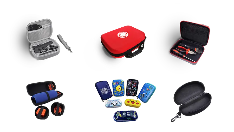 Custom EVA cases for various applications, including medical first aid cases, tool storage cases, electronic speaker cases, camera gimbal cases, and stationery boxes.