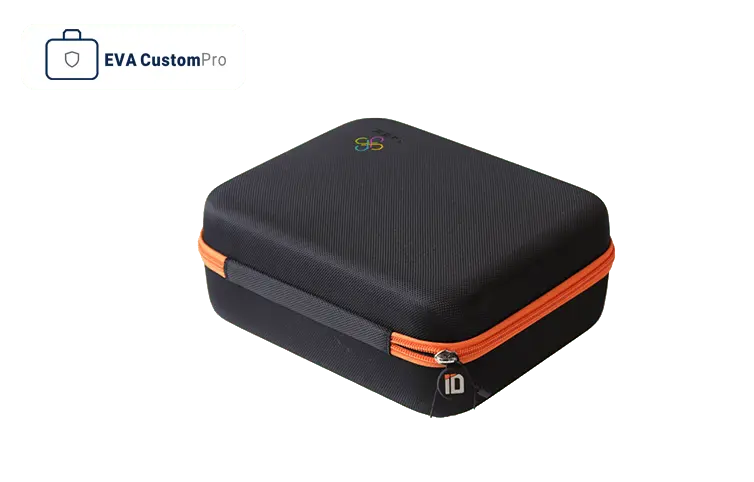 Custom EVA carrying case featuring printed multicolor logo, orange contrast zipper, and custom molded brand zipper puller.