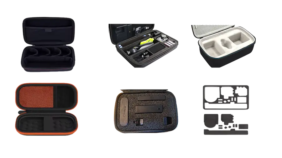 Custom foam insert options for EVA cases, including die-cut EVA foam, thermoformed velvet lining, velcro dividers, and egg-crate foam.
