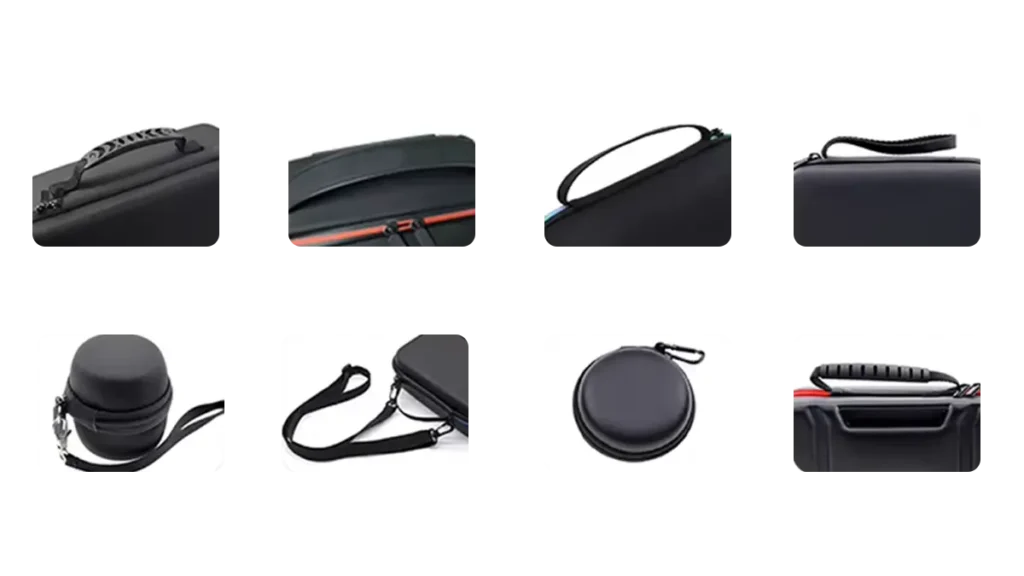 Custom carrying handle and shoulder strap options for EVA cases, including rubber handles, padded fabric handles, detachable shoulder straps, wrist straps, and carabiners.
