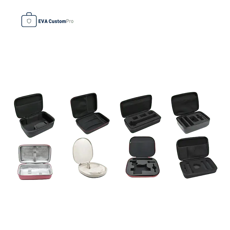 Grid showcasing eight different custom EVA storage case interior layout options, including precision die-cut foam, thermal foil, and molded velvet trays.
