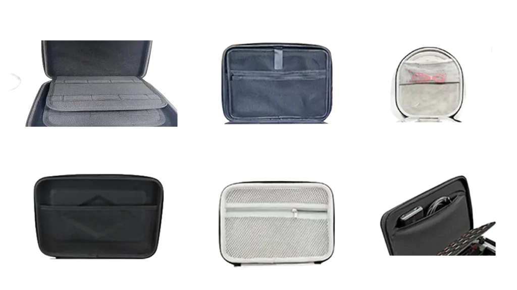 Custom interior pocket options for EVA cases, including zippered mesh pockets, open mesh slots, lid pouches, and divider sleeve panels.