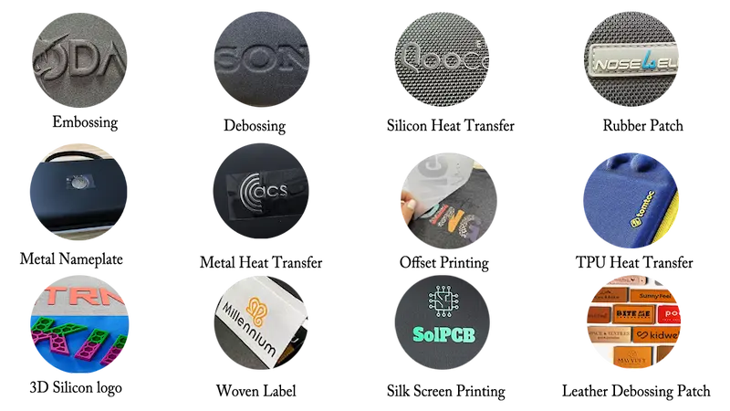 Various custom logo techniques for EVA cases, including debossed logo, metal badge, PVC rubber patch, silk screen printing, and woven label.