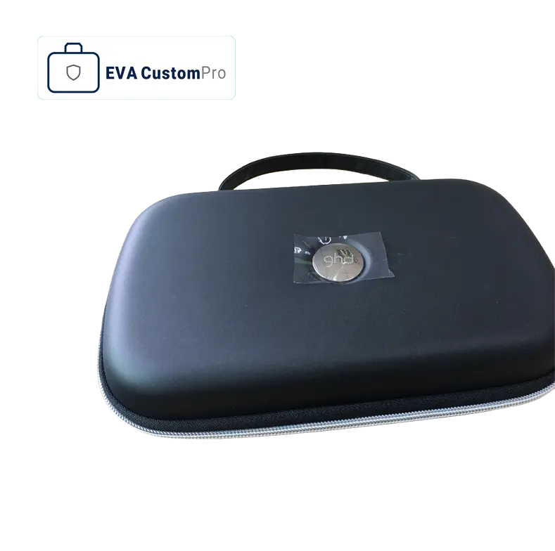 Custom black EVA carrying case with custom metal badge logo emblem and carrying handle for professional brand presentation.
