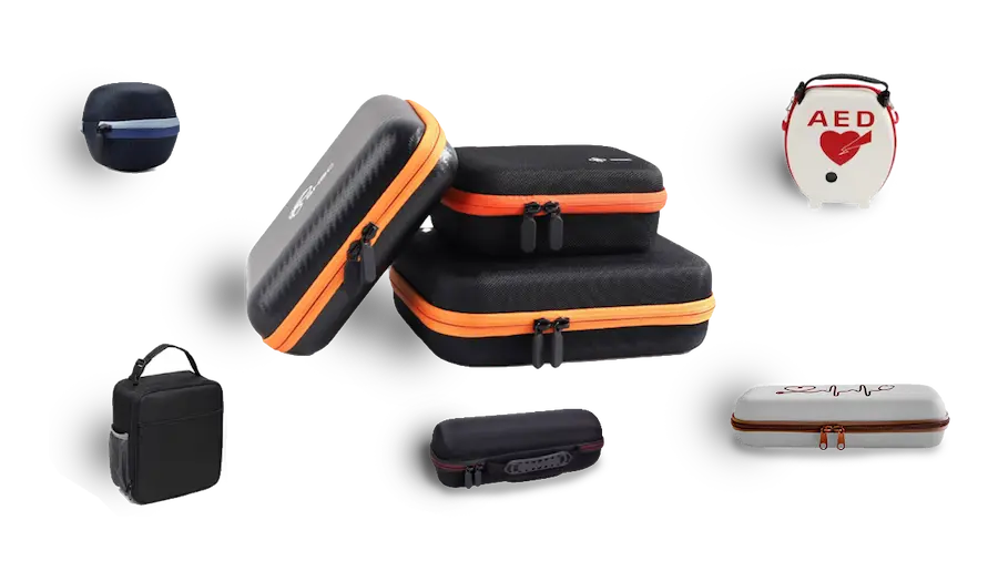 Custom EVA cases in various shapes and designs, including medical AED bags, equipment carrying cases, and zippered hard shells.