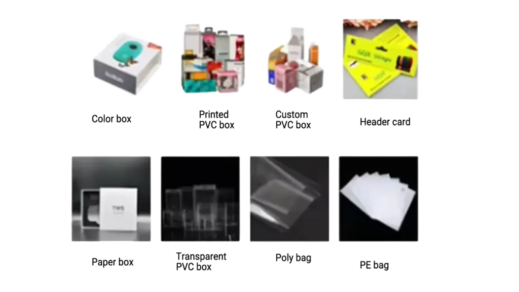 Custom packaging options for EVA cases, including printed color gift boxes, retail paper boxes with hang holes, clear PET boxes, OPP polybags, and dust bags.