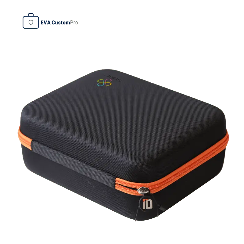 Black hard EVA case with custom orange contrast zipper piping, rubber zipper pull tab, and colorful embroidered brand logo.
