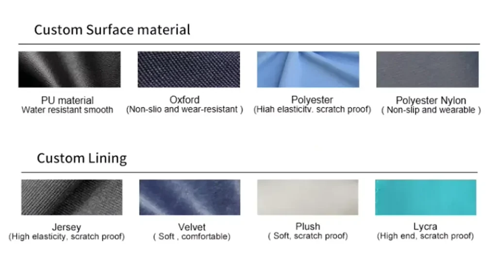 Custom surface and lining material options for EVA hard cases, including PU leather, Oxford fabric, Jersey, Velvet, Plush, and Lycra.