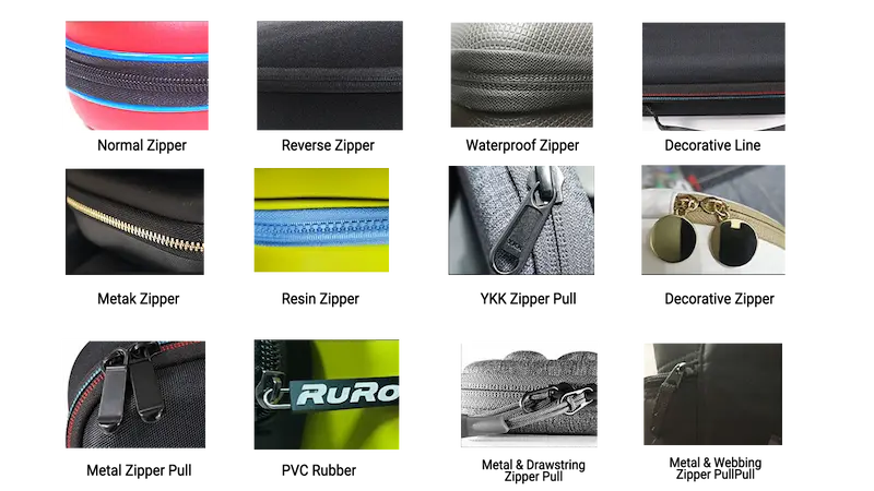 Custom zipper and puller options for EVA cases, including waterproof zippers, YKK zippers, custom rubber logo pullers, and metal metal badges.