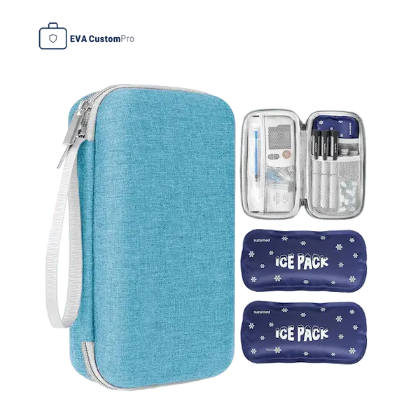 Blue custom medical EVA case featuring wrist strap, interior mesh organizer for glucose meter, and ice packs.