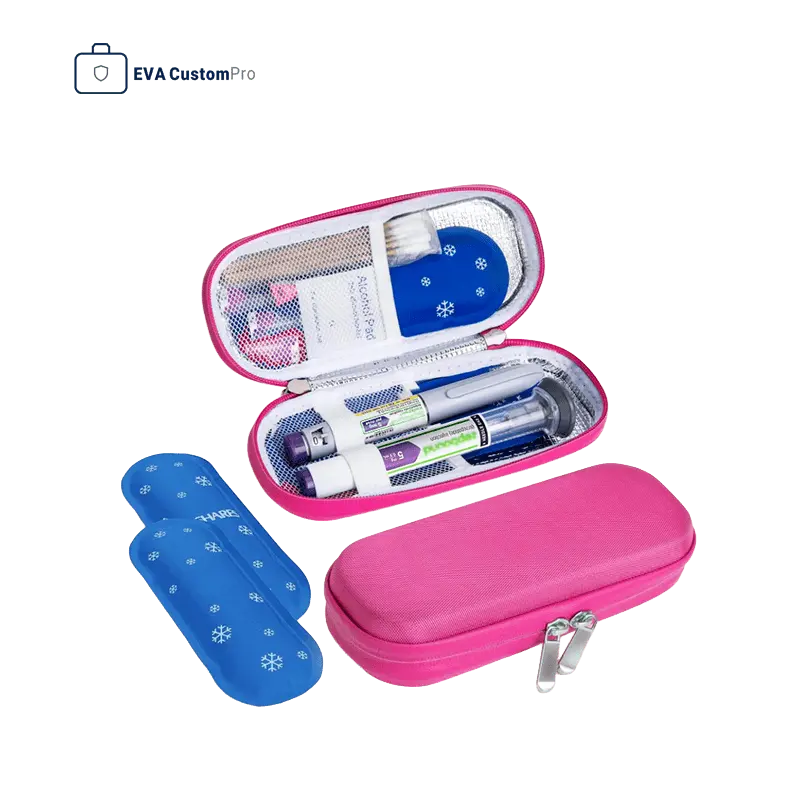 Pink custom EVA medical storage case showing insulated foil lining, insulin injection pens, medical swabs, and gel ice packs.