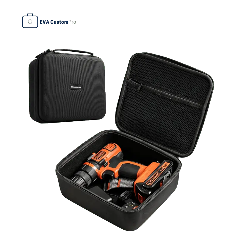 Black hard EVA power tool carrying case storing cordless electric drill, charger, and upper zippered mesh pocket.