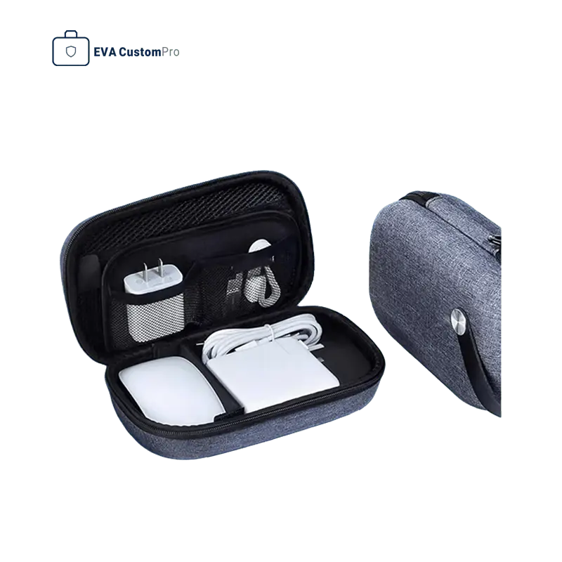 Grey custom EVA storage case showing multi-pocket elastic mesh divider storing power adapters, charging cables, and Magic Mouse.