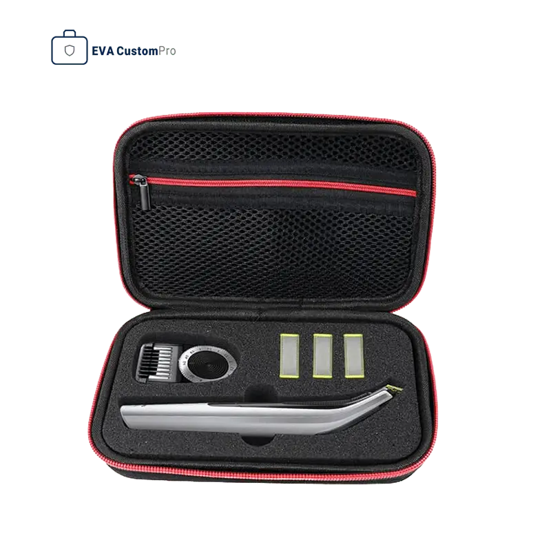 Open black EVA storage case with red zipper trim, precision die-cut foam insert storing electric trimmer and accessories, and zippered mesh pocket.