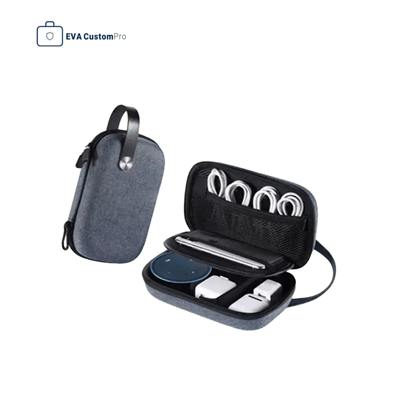 Grey custom EVA storage case with leather handle, open view with compartments for smart speaker, charging adapters, and cable mesh pocket.