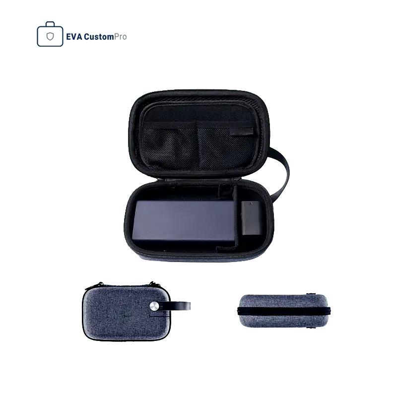 Compact grey EVA storage case multi-angle view showing open compartment storing power bank, dual mesh pockets, and leather hand strap.