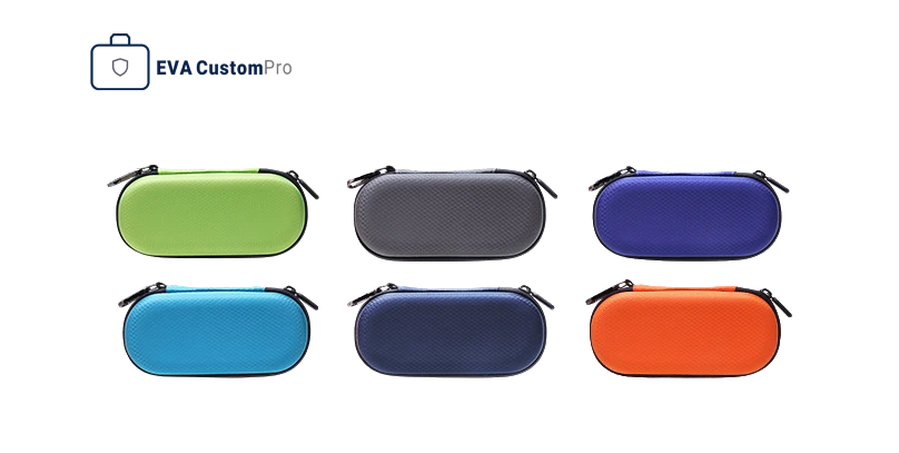 Portable blue oxford fabric EVA eyewear carrying case with black zipper and carabiner hook attachment.