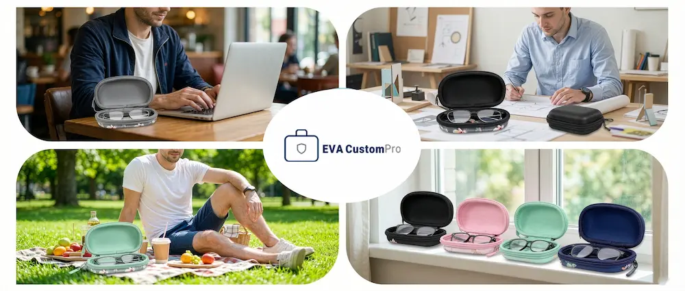 Collage showing versatile applications of custom EVA eyewear cases in office, outdoor, and home environments with various color options.