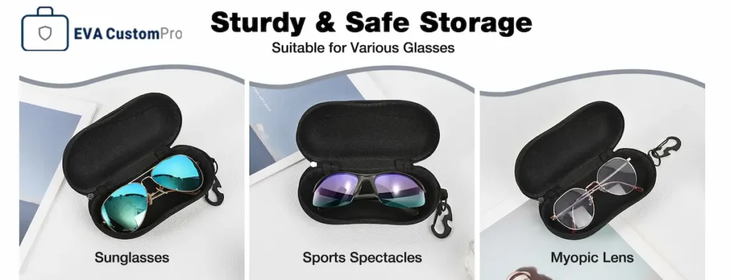 Custom EVA eyewear cases showing secure fit for sunglasses, sports spectacles, and myopic optical glasses.
